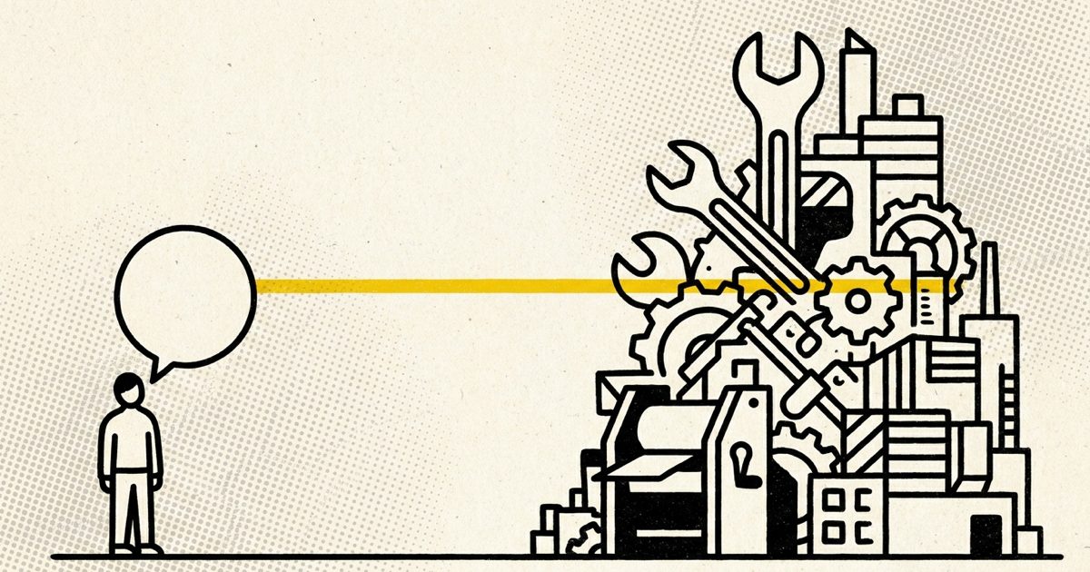 Mali čovek govori, a jedna žuta linija iz oblačića pokreće veliku radionicu alata