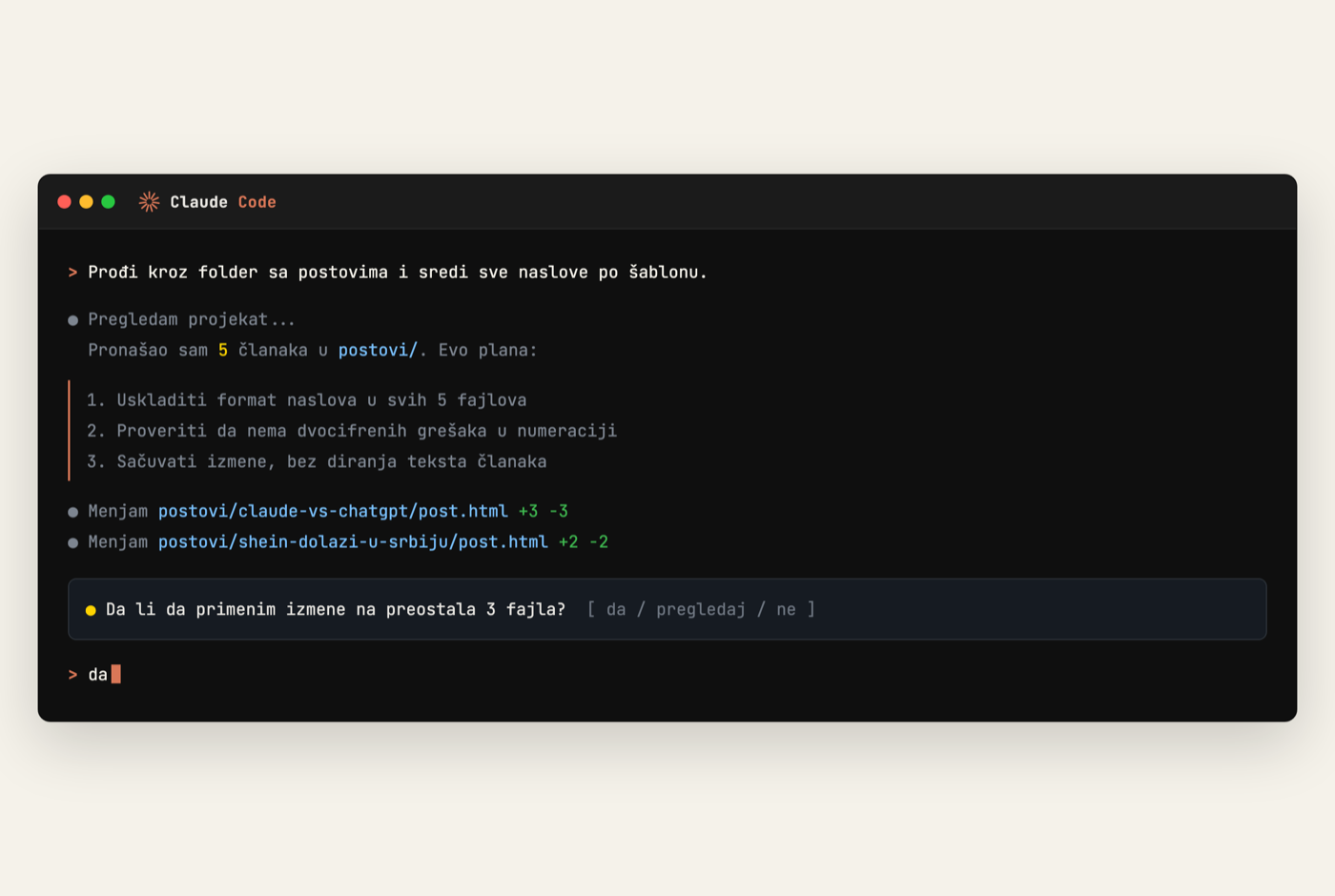 Prikaz Claude Code sesije u terminalu, sa nalogom na srpskom i pitanjem za dozvolu pre izmene